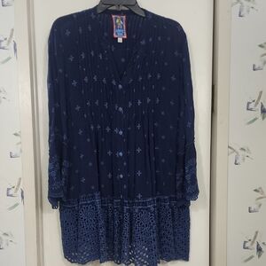 Johnny Was Manchengo Boho Navy Blue Pleated Embroidered Eyelet Tunic Size L